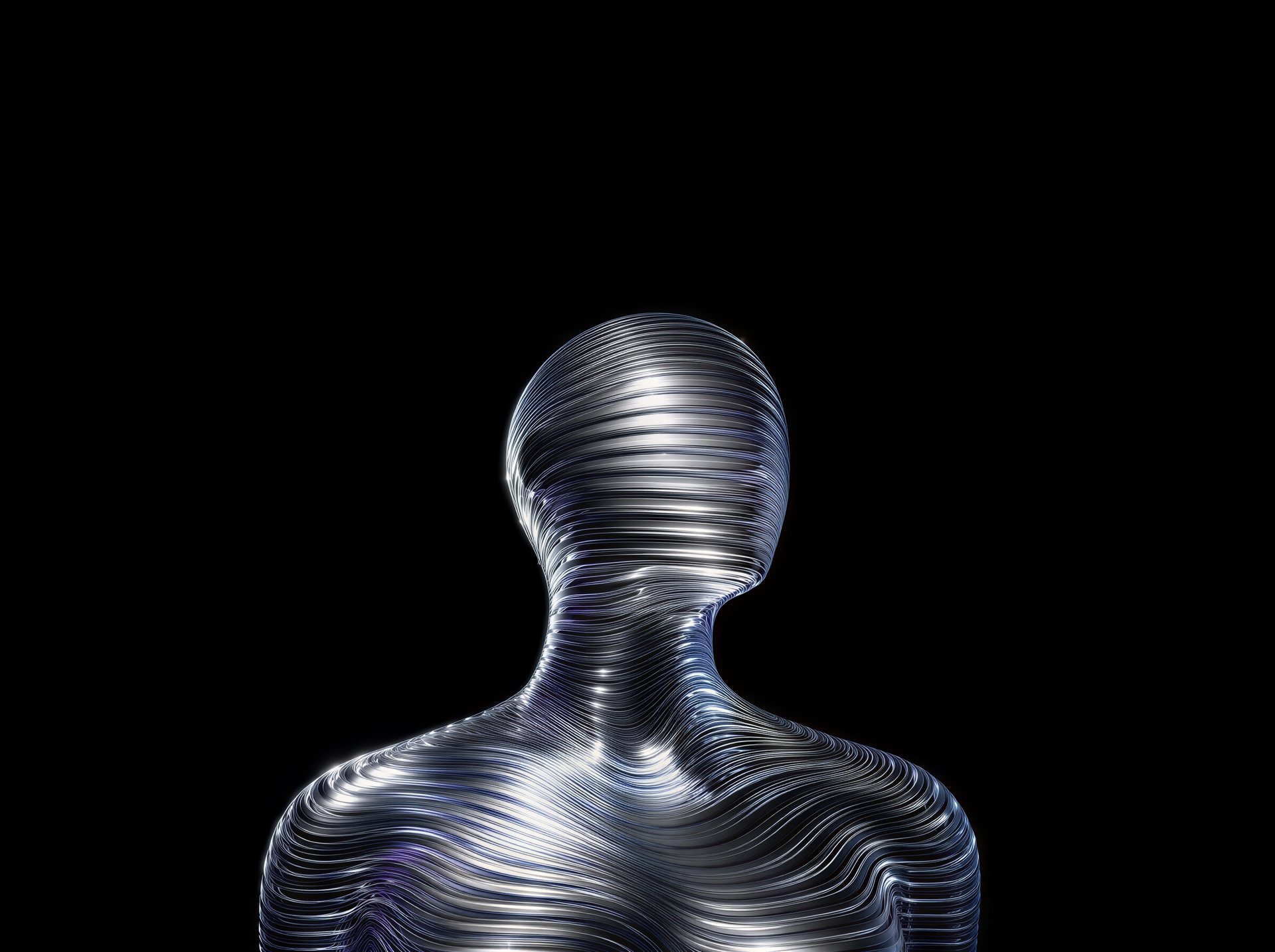 Figura humana esculpida em metal cromado sobre fundo preto. A empresa que passa a rodar em IA.